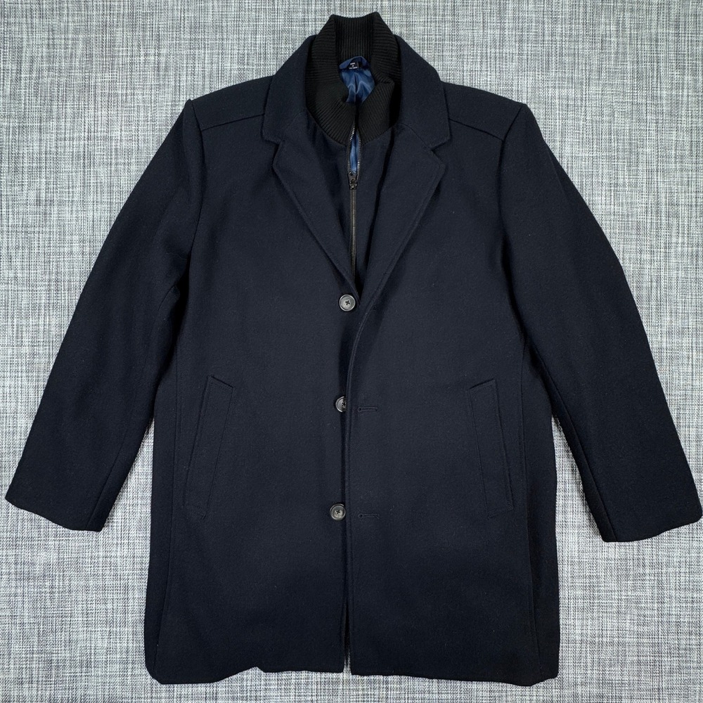 Tommy Hilfiger Mens Wool Blend Car Coat Inner Zip Front Navy Blue 42S Classic